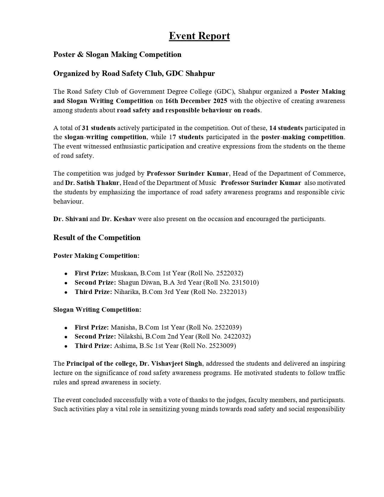 Poster making and slogan writing competition on dated 16-12-2025